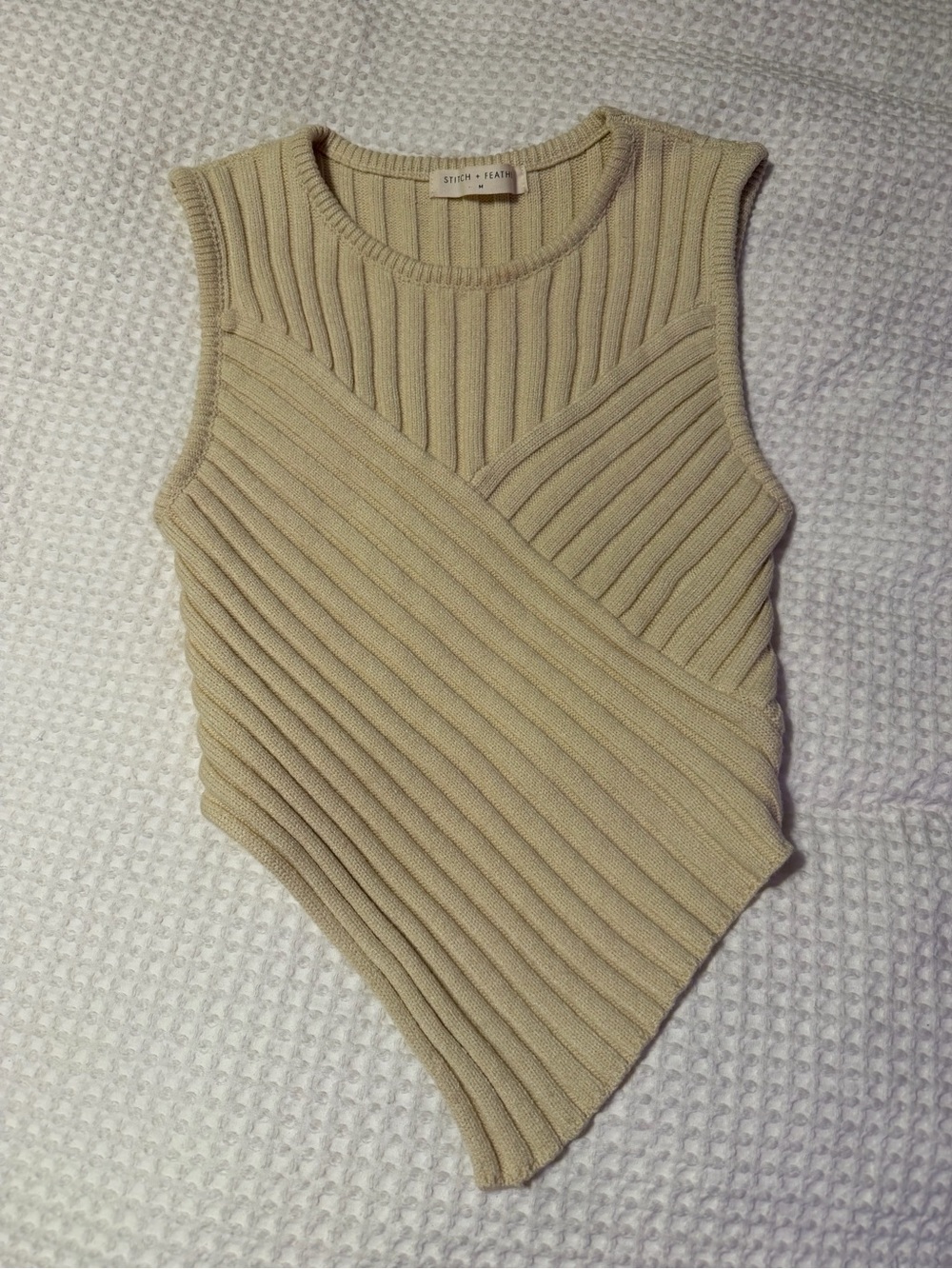 Stitch + Feather Sand Ribbed Asymmetric Tank